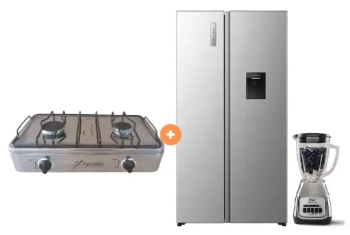 COCINA "SUPERIOR" DE MESA  2 HORNILLAS, ACERO BRILLANTE,POTENCIA 1.95KW x 2 CON CONEXIÓN + REFRIGERADORA HISENSE SIDE BY SIDE 529 LT C/DISPENSER COLOR GRIS, M.  INVERTER C/ 5 SENSORES TEMPERATURA (RS3P558NMCA) + LICUADORA OSTER KALIMAN 2 VEL. VASO VIDRIO 1.5 LT  C.NIQUEL - 4507367 - 12