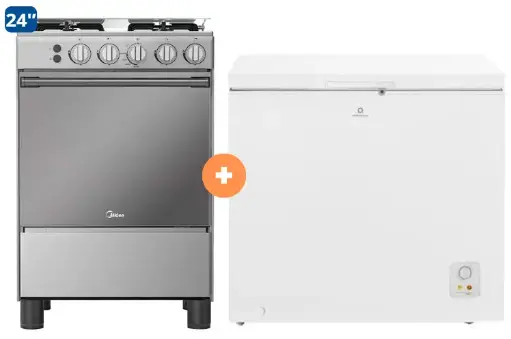 COCINA MIDEA 24" MGS24 4 HORNILLAS HIERRO CON CONEXIÓN + CONGELADORA INDURAMA 200Lts, CI-220BL Blanco - 4507185-5