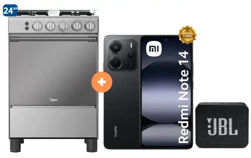 COCINA MIDEA 24" MGS24 4 HORNILLAS HIERRO CON CONEXIÓN +  CELULAR REDMI NOTE 14  6.67" 6GB RAM 256GB Negro + PARLANTE JBL GO BLUETOOTH NEGRO- 4507184 - 5