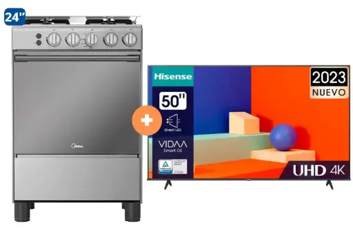 COCINA MIDEA 24" 4 HORNILLAS MGS24 SILVER CUBIERTA INOX CON INSTALACIÓN + TELEVISOR HISENSE 50" SMART 50A6K 4K UHD VIDAA - 4507184 - 2