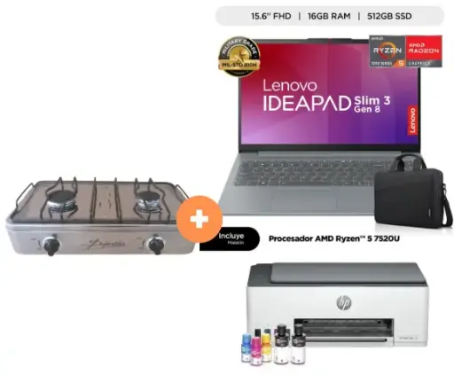 COCINA "SUPERIOR" DE MESA 2 HORNILLAS, ACERO BRILLANTE,POTENCIA 1.95KW x 2 CON CONEXIÓN + LAPTOP LENOVO IDEAPAD SLIM 3 AMD RYZEN5 7520U(4N/8SUB), 8GB, 512GB SSD, 15.6" FHD, WINDOWS 11, COLOR: ARCTIC GREY + MALETIN LENOVO + IMPRESORA HP MULTIFUNCIONAL SMART TANK 580, 3 EN UNO, WIFI , BLUETOOH - 4507367 - 6