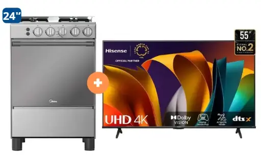 COCINA MIDEA 24" MGS24 4 HORNILLAS HIERRO  CON CONEXIÓN + TELEVISOR HISENSE 55" SMART 4K UHD VIDAA,  55A6N - 4507183-1 
