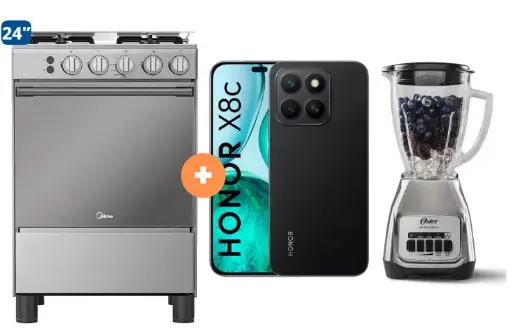 COCINA MIDEA 24" MGS24 4 HORNILLAS HIERRO CON CONEXIÓN +  CELULAR HONOR X8C 6.77" 256GB 8GB RAM NEGRO/VERDE  +   Licuadora OSTER KALIMAN 1.5Lt Col..Nickelado 800W 2 veloc. - 4507183 - 5