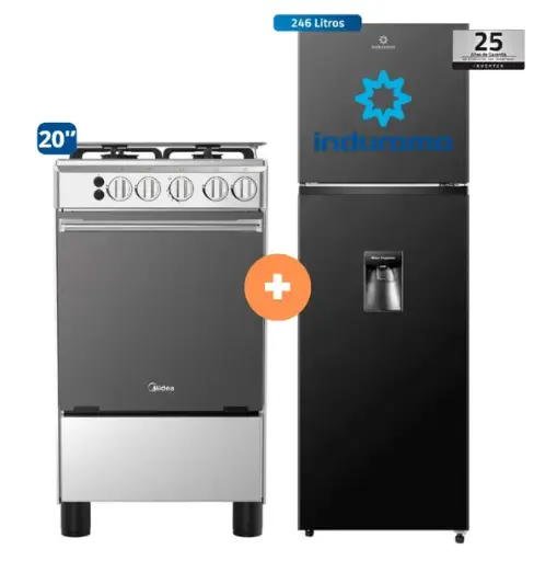 COCINA MIDEA 20" MGS20 4 HORNILLAS HIERRO CON CONEXIÓN + REFRIGERADORA INDURAMA RI-389DNI  246 lts INVERTER CON DISPENSADOR NEGRO - 4507179  - 2