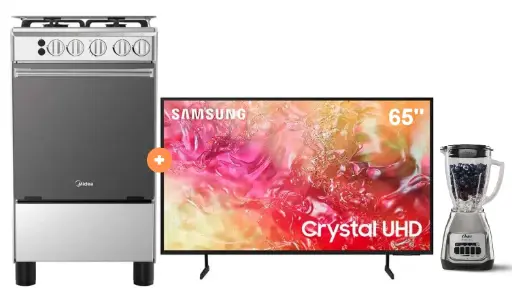 COCINA MIDEA 20" 4 HORNILLAS MGS20 Silver cubierta inox con instalación + Televisor Samsung Smart TV 65" Crystal UHD 4K  UN65DU7000 voice control + Licuadora OSTER KALIMAN 1.5Lt Col.Nickelado 800W 2 veloc. - 4507284 - 4
