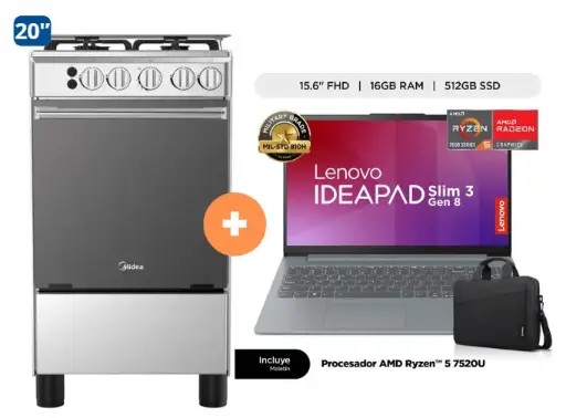 COCINA MIDEA 20" 4 HORNILLAS MGS20 Silver cubierta inox con instalación + LAPTOP LENOVO IDEAPAD SLIM 3 AMD RYZEN5 7520U(4N/8SUB), 16GB, 512GB SSD, 15.6" FHD, WINDOWS 11, COLOR: ARCTIC GREY + MALETIN LENOVO. - 4507284 - 7