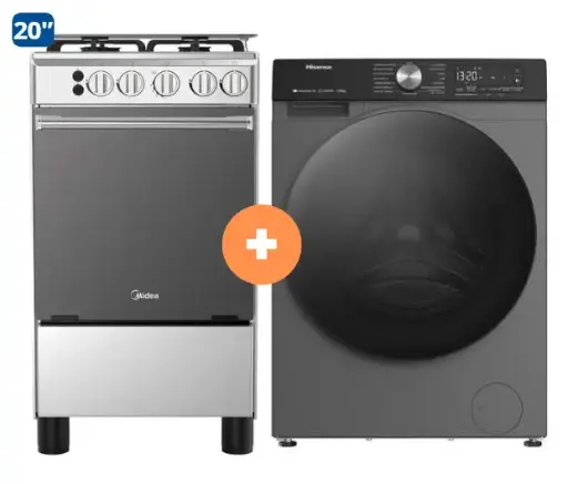 COCINA MIDEA 20" 4 HORNILLAS MGS20 Silver cubierta inox con instalación + LAVASECA HISENSE 12 Kg Lavado /8 Kg Secado con Bomba de Calor Carga Frontal, c/WIFl (WWD3S1243BT)- 4507283 - 9