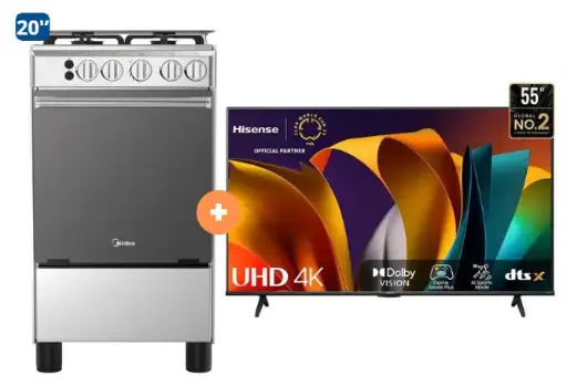 COCINA MIDEA 20" MGS20 4 HORNILLAS HIERRO CON CONEXIÓN + TELEVISOR HISENSE 55" SMART 4K UHD VIDAA,  55A6N - 4507097 - 1