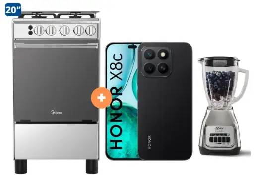 COCINA MIDEA 20" MGS20 4 HORNILLAS HIERRO CON CONEXIÓN + CELULAR HONOR X8C 6.8" 256GB 8GB RAM COLOR MIDNIGHT BLACK + Licuadora OSTER KALIMAN 1.5Lt Col.Nickelado 800W 2 veloc. - 4507097 - 5