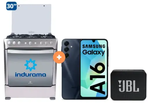COCINA INDURAMA 30" 6 HORNILLAS PARMA CON CONEXIÓN + CELULAR SAMSUNG GALAXY A16 6.7" 4GB RAM 128GB Negro + Parlante JBL GO Essential Black- 4505359 - 3