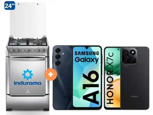 COCINA INDURAMA 24" 4 HORNILLAS GRANADA + CELULAR SAMSUNG GALAXY A16 6.7"  8GB RAM 256GB Negro + CELULAR HONOR X7C 6.77" 256GB 8GB RAM NEGRO/VERDE.- 4506407 - 3