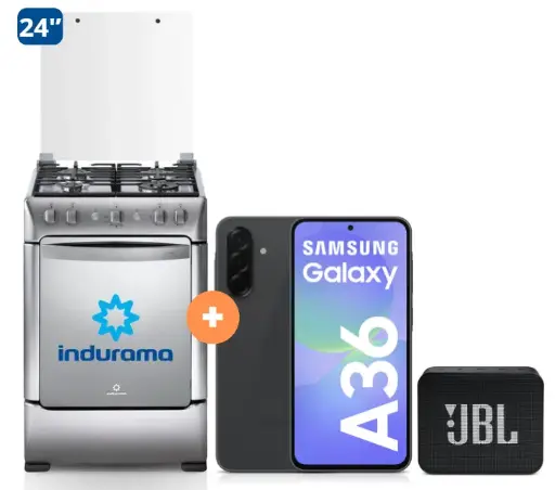 COCINA INDURAMA 24" 4 HORNILLAS GRANADA CON  CONEXIÓN + CELULAR SAMSUNG GALAXY A36 NEGRO DE 128 GB 6GB RAM + Parlante JBL GO Essential Black - 4506407 - 4