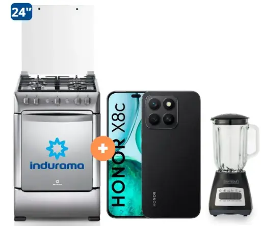 COCINA INDURAMA 24" 4 HORNILLAS GRANADA CON CONEXIÓN + CELULAR HONOR X8C 6.77" 256GB 8GB RAM NEGRO/VERDE  +  LICUADORA WHITELINE 1.5 LTS 400W VASO VIDRIO- 4506401 - 1