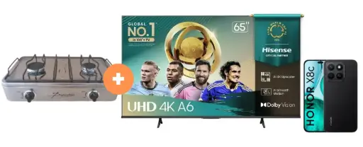 COCINA "SUPERIOR" DE MESA 2 HORNILLAS, ACERO BRILLANTE,POTENCIA 1.95KW x 2 CON CONEXIÓN + TELEVISOR HISENSE 65" LED 4K UHD VIDAA 65A6NV MODELO 2025 + CELULAR HONOR X8C 6.77" 256GB 8GB RAM NEGRO/VERDE. - 4507367 - 3