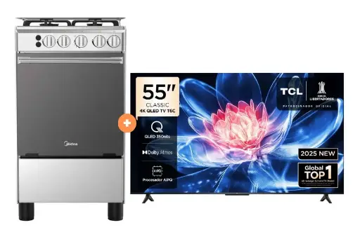 COCINA MIDEA 20" MGS20 4 HORNILLAS DE HIERRO Con Conexión Gratis + TELEVISOR TCL QLED 55" UHD 4K Smart TV GOOGLE TV 55T6C MODELO 2025 - 4507098 - 3