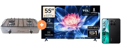 COCINA "SUPERIOR" DE MESA 2 HORNILLAS, ACERO BRILLANTE,POTENCIA 1.95KW x 2 CON CONEXIÓN + TELEVISOR TCL QLED 55" UHD 4K Smart TV GOOGLE TV 55T6C MOD. 2025 + CELULAR HONOR X8C 6.77" 256GB 8GB RAM NEGRO/VERDE.  - 4507367 - 4