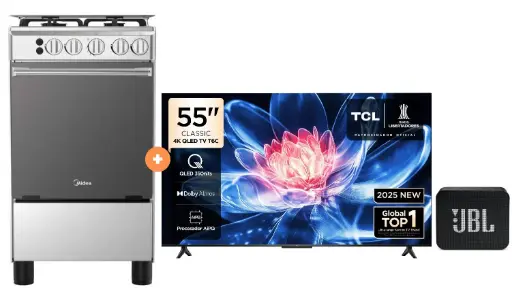 COCINA MIDEA 20" MGS20 4 HORNILLAS HIERRO  CON CONEXIÓN + TELEVISOR TCL QLED 55" UHD 4K Smart TV GOOGLE TV 55T6C MODELO 2025 + Parlante JBL GO Essential Black  - 4507283 - 4