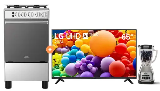 COCINA MIDEA 20" 4 HORNILLAS MGS20 Silver cubierta inox con instalación + TELEVISOR LG 65 4K SMART TV UHD 65UT7300 CON MAGIC CONTROL + Licuadora OSTER KALIMAN 1.5Lt Col.Nickelado 800W 2 veloc. - 4507284 - 5