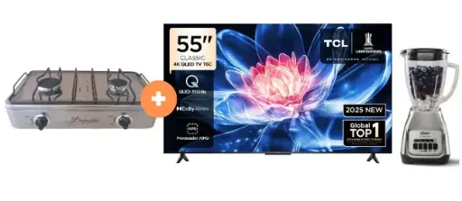 COCINA "SUPERIOR" DE MESA 2 HORNILLAS, ACERO BRILLANTE,POTENCIA 1.95KW x 2 CON CONEXIÓN +   TELEVISOR TCL QLED 55" UHD 4K Smart TV GOOGLE TV 55T6C MODELO 2025 + LICUADORA OSTER KALIMAN  2 VEL. VASO VIDRIO 1.5 LT  C.NIQUEL. - 4507368 - 3