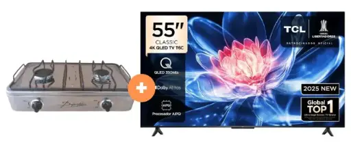 COCINA "SUPERIOR" DE MESA  2 HORNILLAS, ACERO BRILLANTE,POTENCIA 1.95KW x 2 CON CONEXIÓN +  TELEVISOR TCL QLED 55" UHD 4K Smart TV GOOGLE TV 55T6C MOD. 2025 - 4507366 - 4