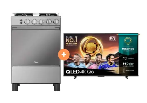 COCINA MIDEA 24" MGS24 4 HORNILLAS HIERRO  CON CONEXIÓN + TELEVISOR HISENSE QLED 50" UHD SMART TV 50Q6QV VIDDA MODELO 2025 - 4507184 - 1