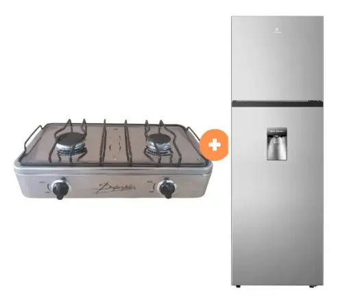 COCINA "SUPERIOR" DE MESA  2 HORNILLAS, ACERO BRILLANTE,POTENCIA 1.95KW x 2 CON CONEXIÓN GRATIS + REFRIGERADORA INDURAMA RI-389DI  246 lts INVERTER C/Dispensador CROMA /NEGRO. - 4508843  - 8