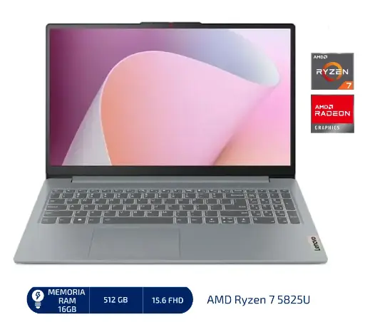 LAPTOP LENOVO IDEAPAD SLIM 3 15.6" AMD RYZEN 7- 5825U 16GB RAM 512GB SSD 15.6' FHD Windows 11 home, color Plata