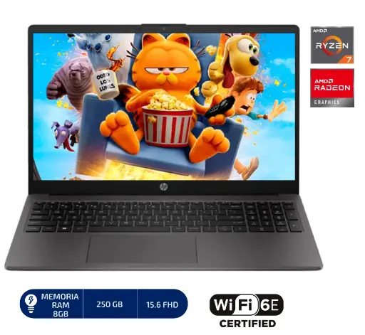 LAPTOP HP NOTEBOOK 250G10 15.6" HD, AMD RYZEN 3 7320U(4N/8SUB), 8GB -LPDDR5, 256GB SSD, WINDOWS 11, COLOR: GRIS, WIFI6.