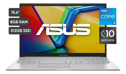 LAPTOP ASUS VIVABOOK INTEL CORE Intel® Core™ 5 120U (10 nucleos) 8 GB DDR4, 512 GB SSD, Color Silver FullHD 15.6”, WINDOWS 11 HOME