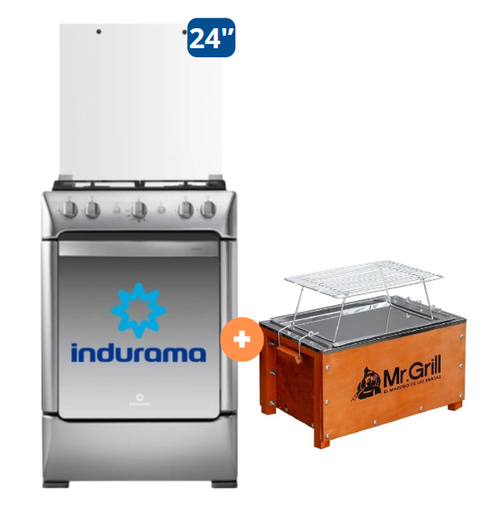 COCINA INDURAMA 24" 4 HORNILLAS GRANADA +Caja China Mr Grill mini S Edition Nogal + parrilla niquelada dimensiones 40x25x25 - 4504500